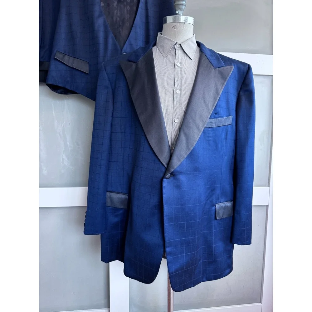 Lou‎ Myles Men's 52 Navy Blue Tuxedo 3 Piece Suit Vest 47x28 Satin Trim VTG